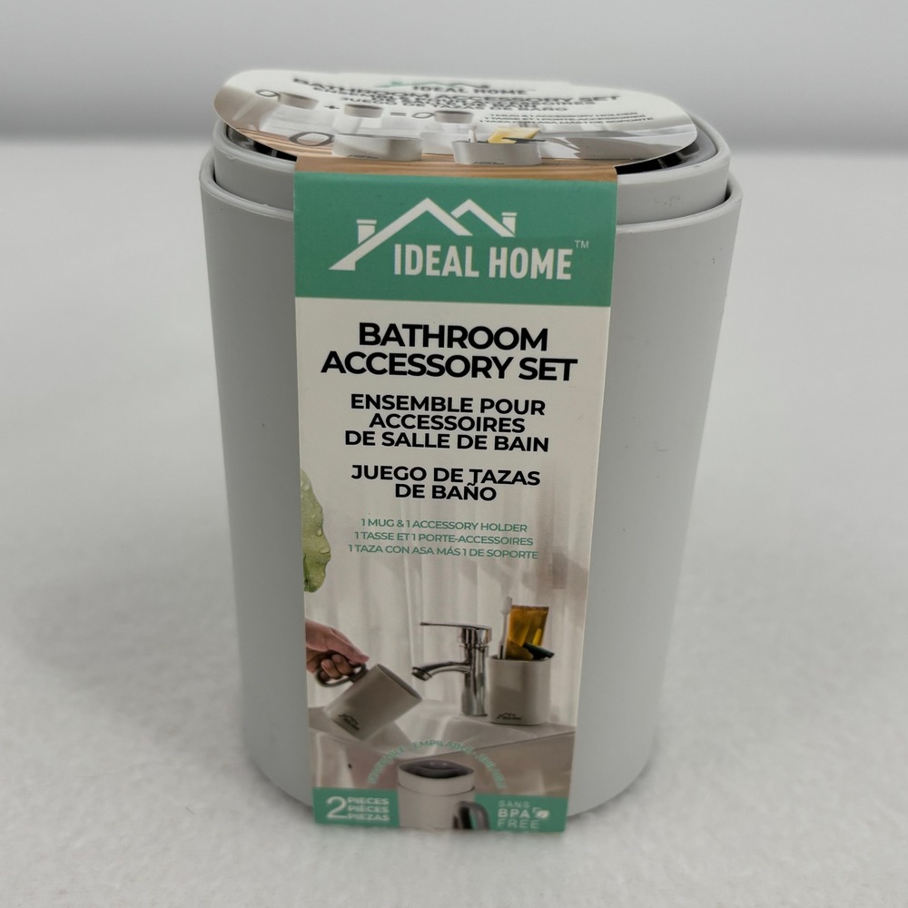 Ideal Home 2 Piece Bathroom Accessory Set Gray Mug and Holder BPA Free Stackable